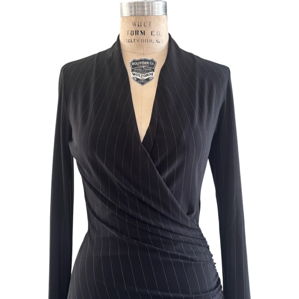Norma Kamali Faux Wrap Jersey Pinstripe Sheath Maxi Dress in Black Size XS - Picture 3 of 11